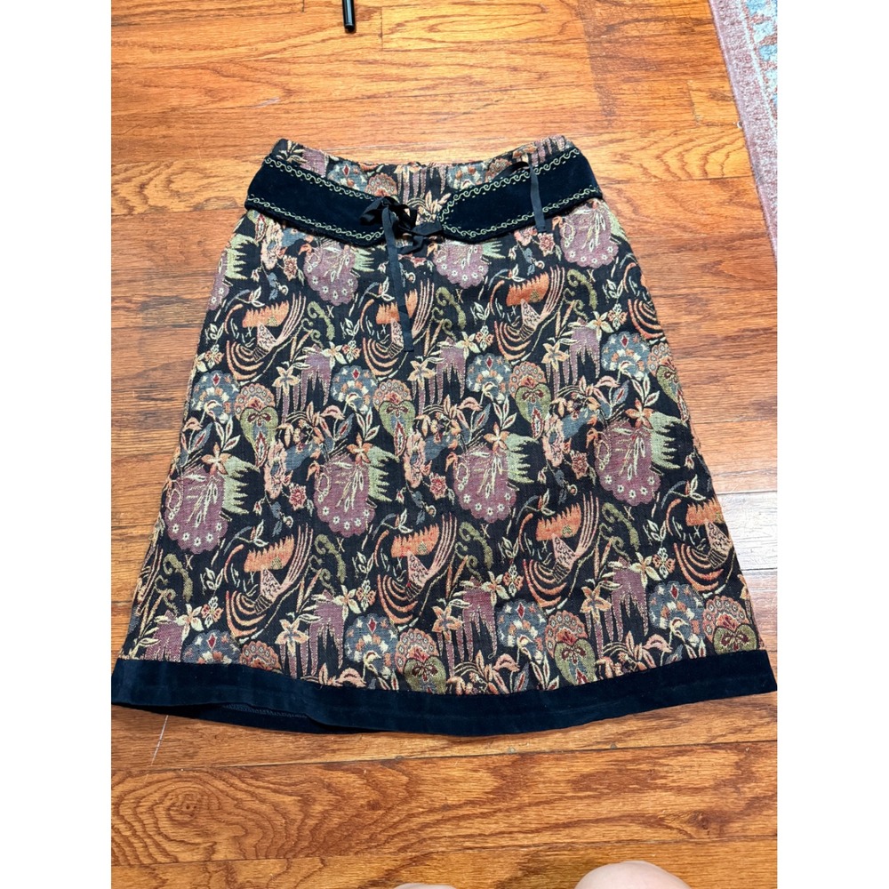 Mix‎ Nouveau New York Tapestry Skirt Floral Bird Velvet Trim Embroidered Size 8